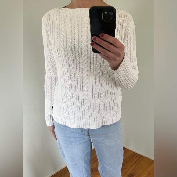 Vintage Y2K White Cotton Boat Neck Cableknit Sweater Size Large - Picture 7 of 8